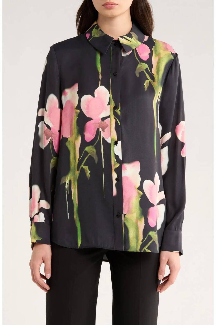 NEW STINE GOYA melting flowers print button front shirt in black
